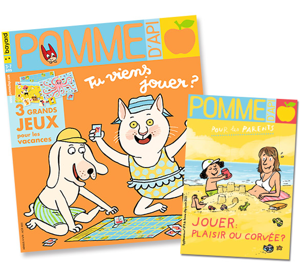 Couverture du magazine Pomme d'Api et son supplément pour les parents, n°678, août 2022 - Tu viens jouer ? 3 grands jeux pour les vacances - Jouer : plaisir ou corvée - Sélection de jeux à faire en famille