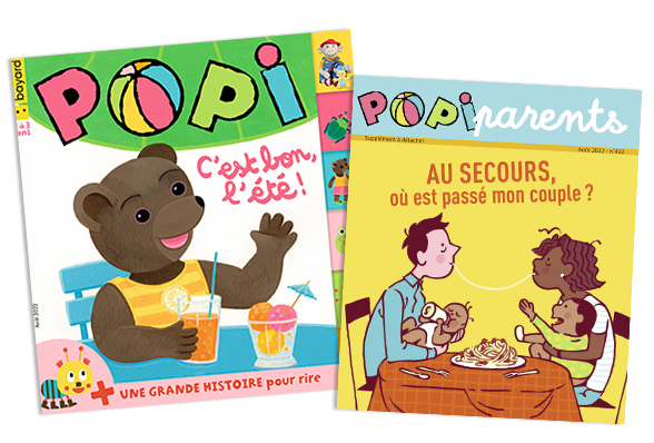 Couverture du magazine Popi n°432, août 2022, et son supplément pour les parents : “Au secours, où est passé notre couple ?”