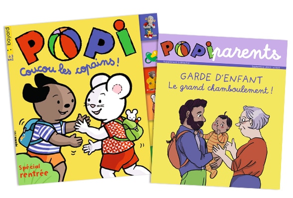 Couverture du magazine Popi n°433, septembre 2022 et son supplément pour les parents : “Garde d’enfant : le grand chamboulement !”