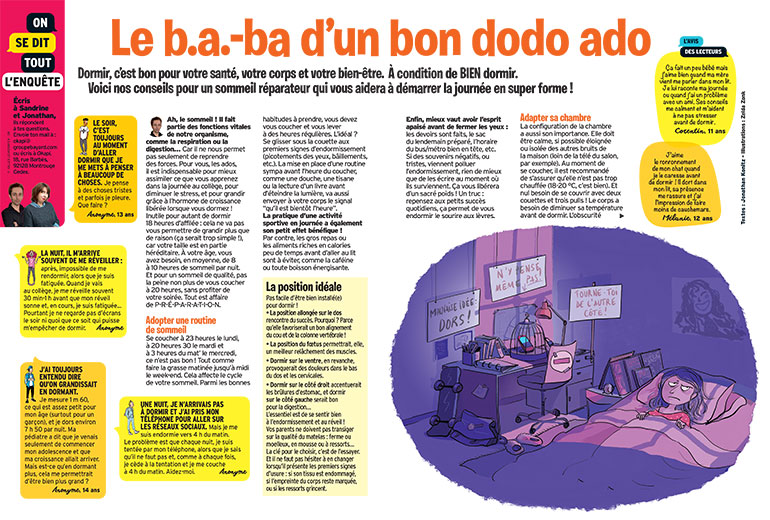 Le b.a.-ba d’un bon dodo ado, article extrait du magazine Okapi n°1166, 15 novembre 2022. Illustration : Zelda Zonk.