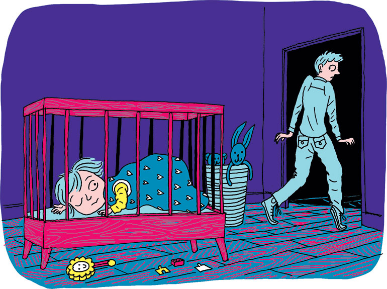 Pour certains, il est essentiel que l'enfant dorme dans sa chambre pour préserver un temps des parents. Supplément pour les parents du magazine Popi n°435, novembre 2022. Illustration : Sandrine Martin.