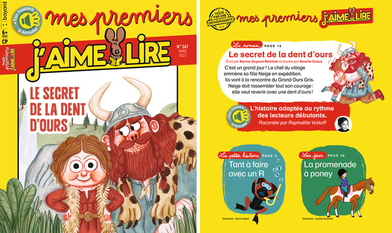 Couverture et sommaire de Mes premiers J'aime lire n°247, mars 2023.