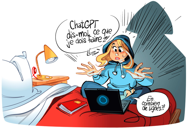 “ChatGPT peut-il faire tes devoirs ?”, article extrait du magazine Phosphore n°553, 1er mai 2023. Textes : Claire Le Nestour. Illustrations : Renaud Collin.