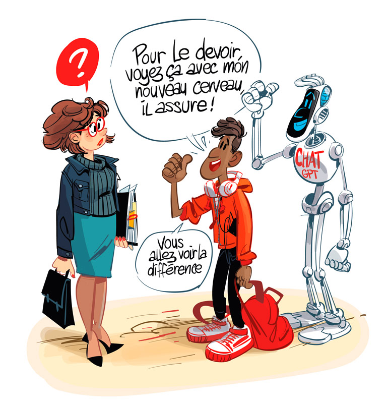 “ChatGPT peut-il faire tes devoirs ?”, article extrait du magazine Phosphore n°553, 1er mai 2023. Textes : Claire Le Nestour. Illustrations : Renaud Collin.