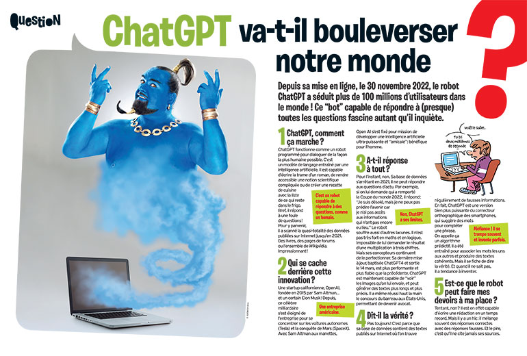 ChatGPT va-t-il bouleverser notre monde ? Article extrait du magazine Okapi n°1177, 1er mai 2023. © Illustration : Manu Boisteau.