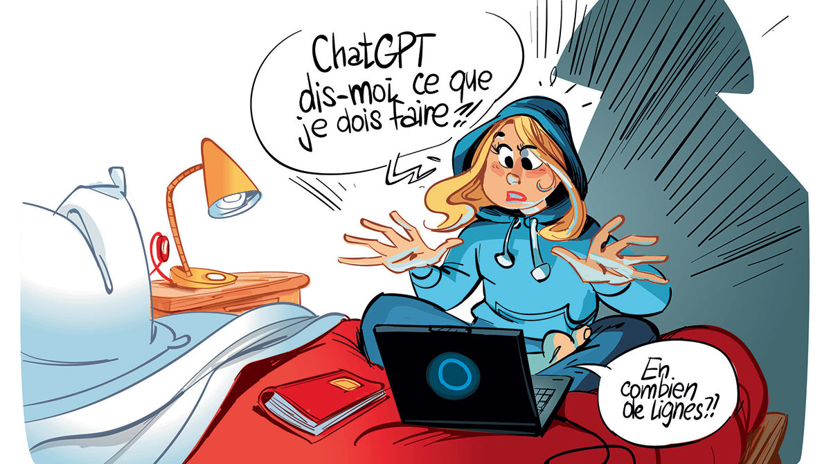 © Illustration : Renaud Collin. ChatGPT peut-il faire tes devoirs ?, article extrait du magazine Phosphore n°553, 1er mai 2023.