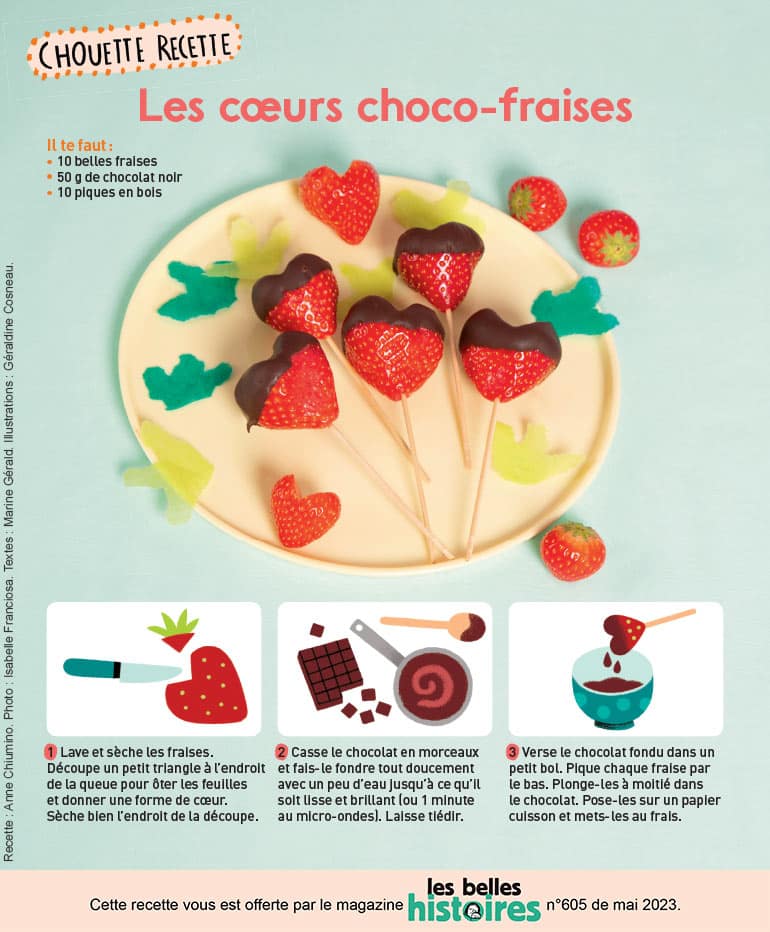 © Photo : Isabelle Franciosa. Illustrations : Géraldine Cosneau. Recette pour la fête des Mères - Les cœurs choco-fraises, Les Belles Histoires n° 605, mai 2023.