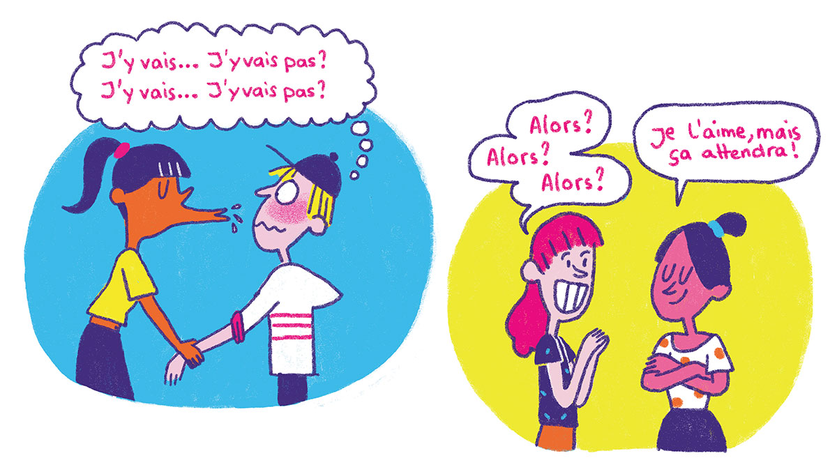 © Illustration : Océane Meklemberg. La première fois, on en parle ?, article extrait du magazine Okapi n°1180, 15 juin 2023.