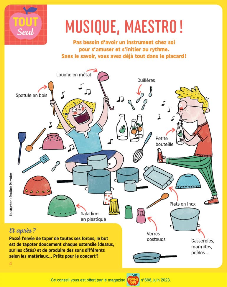 © Illustration : Pauline Perrolet. Musique, maestro !, supplément pour les parents du magazine Pomme d'Api n°688, juin 2023. Instruments pour la fête de la Musique.