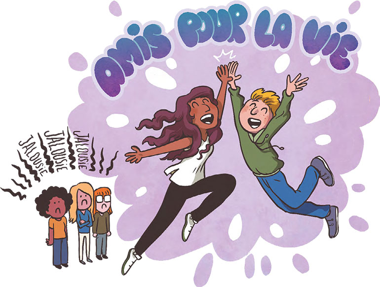 Illustration : Gally. Amitié ou amour ? Hors-série du magazine Okapi : 100 questions de filles et garçons. Été 2023.