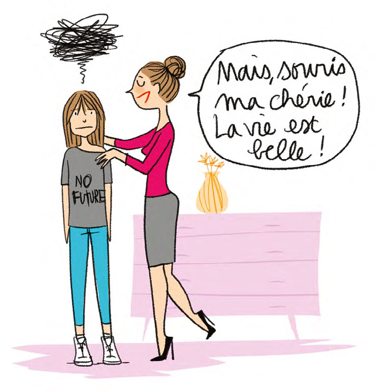 Illustration : Emmanuelle Teyras. Aimer la vie. Hors-série du magazine Okapi : 100 questions de filles et garçons. Été 2023.