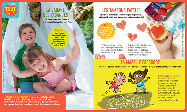 Pom' parents spécial vacances, 10 activités d'été pour les enfants. Pomme d'Api n°689, juillet 2023. Illustrations : Peter Elliott. Photos : Adobe Stock.