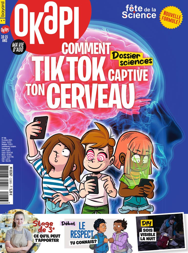Couverture du magazine Okapi n°1186, 15 octobre 2023 - Comment TikTok captive ton cerveau