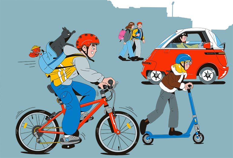 De 1 à 5 km : boycotter la voiture ou le scooter. Se déplacer sans polluer, article extrait du magazine Okapi n°1189, 1er décembre 2023. Illustrations : Julien Tran Dinh.