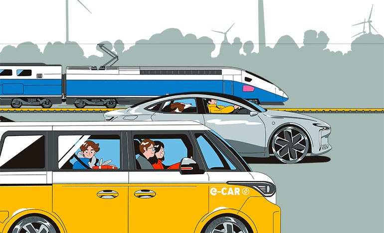 Plus de 50 km : on fait des choix responsables ! Se déplacer sans polluer, article extrait du magazine Okapi n°1189, 1er décembre 2023. Illustrations : Julien Tran Dinh.