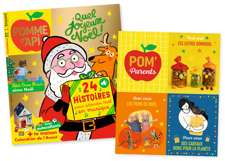 Couverture du magazine Pomme d'Api n° 694, décembre 2023 - Quel joyeux Noël ! 24 histoires pour attendre Noël en musique + ta maison Calendrier de l'Avent - Petit Ours Brun aime Noël - Supplément pour les parents : bricolage les lutins bonbons, sélection de films de Noël, cadeaux bons pour la planète.