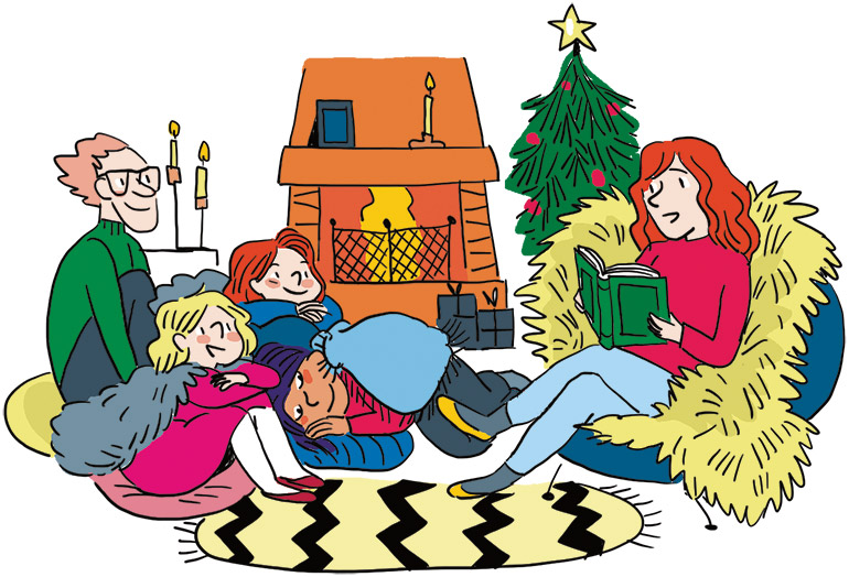Raconter ou écouter une histoire de Noël pour finir en douceur la soirée - Illustrations : Clotka. Supplément au n°610 de Pomme d'Api.