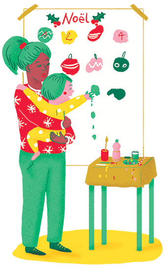 Fabriquer un calendrier de l'Avent en famille. Chacun son Noël !, extrait du supplément pour les parents du magazine Popi n°448, décembre 2023. © Illustrations : Sara Gavioli.