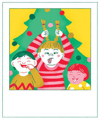 La photo de Noël devant le sapin, pour voir les enfants grandir. Chacun son Noël !, extrait du supplément pour les parents du magazine Popi n°448, décembre 2023. © Illustrations : Sara Gavioli.