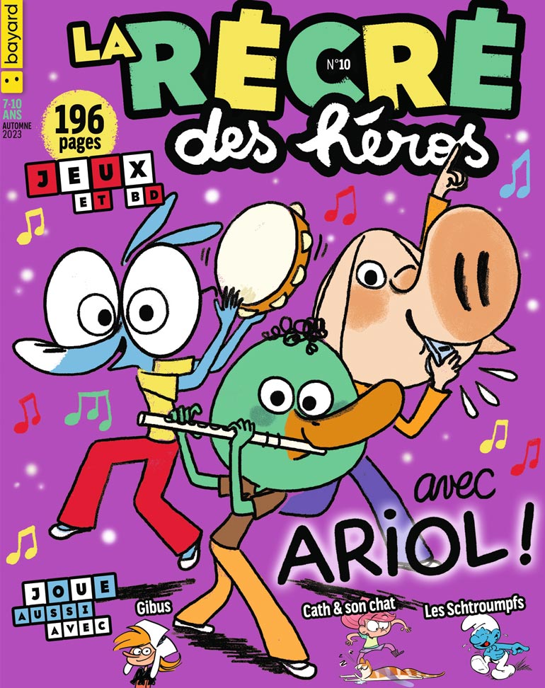 Couverture du magazine “La récré des héros” n°10, avec Ariol, Gibus, Cath & son chat, Les Schtroumpfs