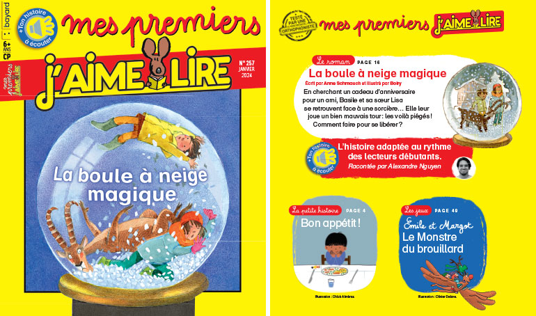 Couverture et sommaire de Mes premiers J'aime lire n° 257, janvier 2024. La boule à neige magique.