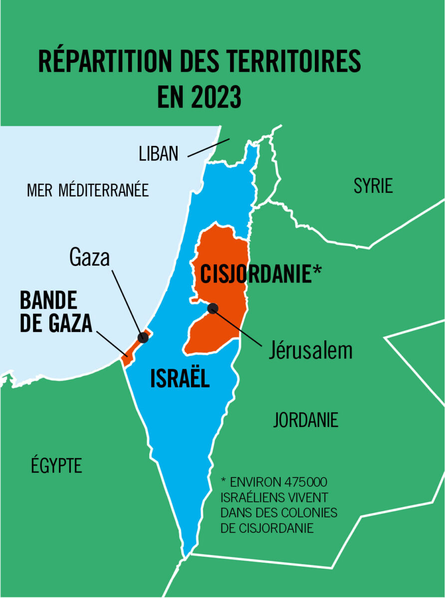 Répartition des territoires en 2023. Israël-Palestine : on répond à toutes vos questions, article extrait du magazine Phosphore n°567, 1er janvier 2024.