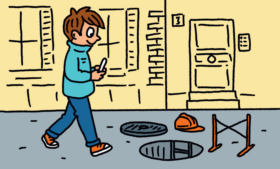 Lorsqu'on traverse la rue ou qu'on fait du vélo, il faut ranger son smartphone pour rester attentif. Génial, le téléphone ! Mais…, Images Doc n°422, février 2024. Illustration : Clémence Lallemand.