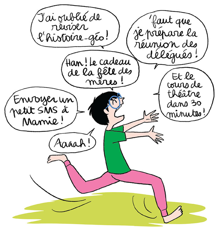 La pression peut venir de partout : l'école, les parents, les réseau sociaux…. Je suis sous pression, article extrait du magazine Okapi n°1192, 15 janvier 2024. Illustration : Emmanuelle Teyras.