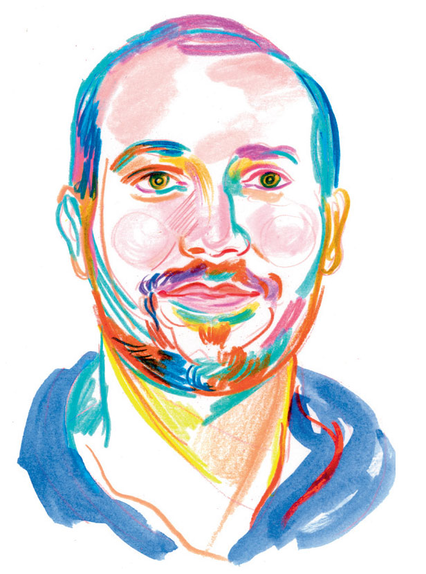 Portrait de Fabien Chevalier. Comment s'aimer sans filtres ?, article extrait du magazine Phosphore n°568, 15 janvier 2024. Illustrations : Aline Zalko.