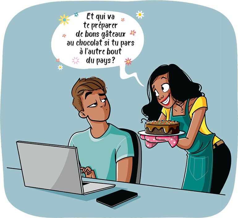 Si tes parents veulent te garder auprès d'eux, explique-leur qu'élargir ta zone géographique augmente tes chances. Discute orientation avec tes parents… sans fights, article extrait du magazine Phosphore n°569, 1er février 2024. Illustration : Nathalie Jomard.