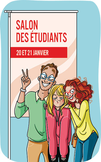 Si tes parents te collent pendant les salons étudiants, fais un deal : tu y vas seul.e mais tu rapporte des brochures. Discute orientation avec tes parents… sans fights, article extrait du magazine Phosphore n°569, 1er février 2024. Illustration : Nathalie Jomard.