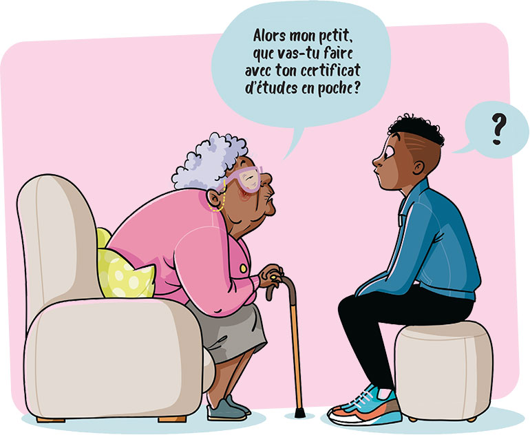 Si tes parents sont dépassés, sois tolérant… Discute orientation avec tes parents… sans fights, article extrait du magazine Phosphore n°569, 1er février 2024. Illustration : Nathalie Jomard.