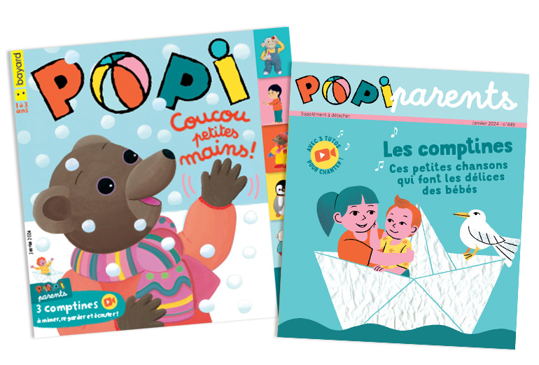 Couverture du magazine Popi n°449, janvier 2024 - Coucou les petites mains ! - Supplément pour les parents : “Les comptines”.