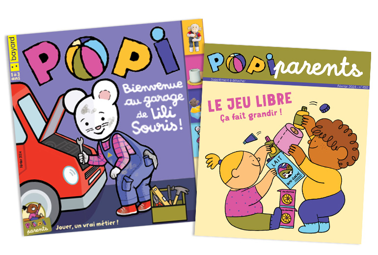 Couverture du magazine Popi n°450, février 2024 - Bienvenue au garage de Lili Souris ! - Supplément pour les parents : Le jeu libre, ça fait grandir.