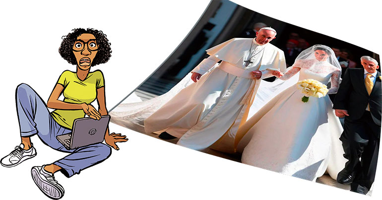 Une image du pape qui se marie : comment prouver que c'est une fake news ? Comment ils traquent les fake news, article extrait du magazine Okapi n°1196, 15 mars 2024. Illustrations : Tehem.