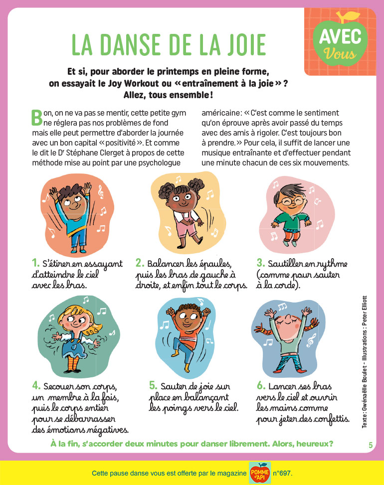 La danse de la joie, extrait du supplément pour les parents du magazine Pomme d'Api n°697, mars 2024. Illustrations : Peter Elliott.