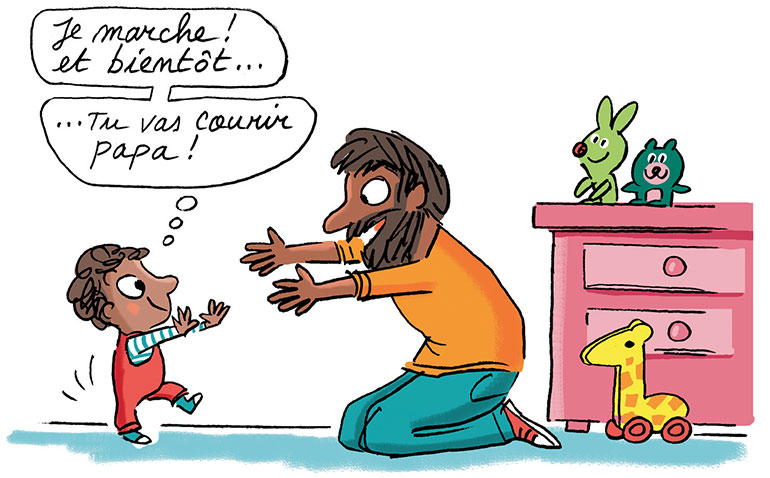 La marche permet à l'enfant d’explorer sensoriellement le monde. Au secours, mon petit ne tient pas en place !, extrait du supplément pour les parents du magazine Popi n°451, mars 2024. Illustration : Peter Elliott.