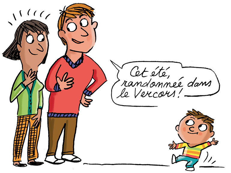 La marche permet au tout-petit de travailler sa motricité globale ainsi que sa motricité fine. Au secours, mon petit ne tient pas en place !, extrait du supplément pour les parents du magazine Popi n°451, mars 2024. Illustration : Peter Elliott.