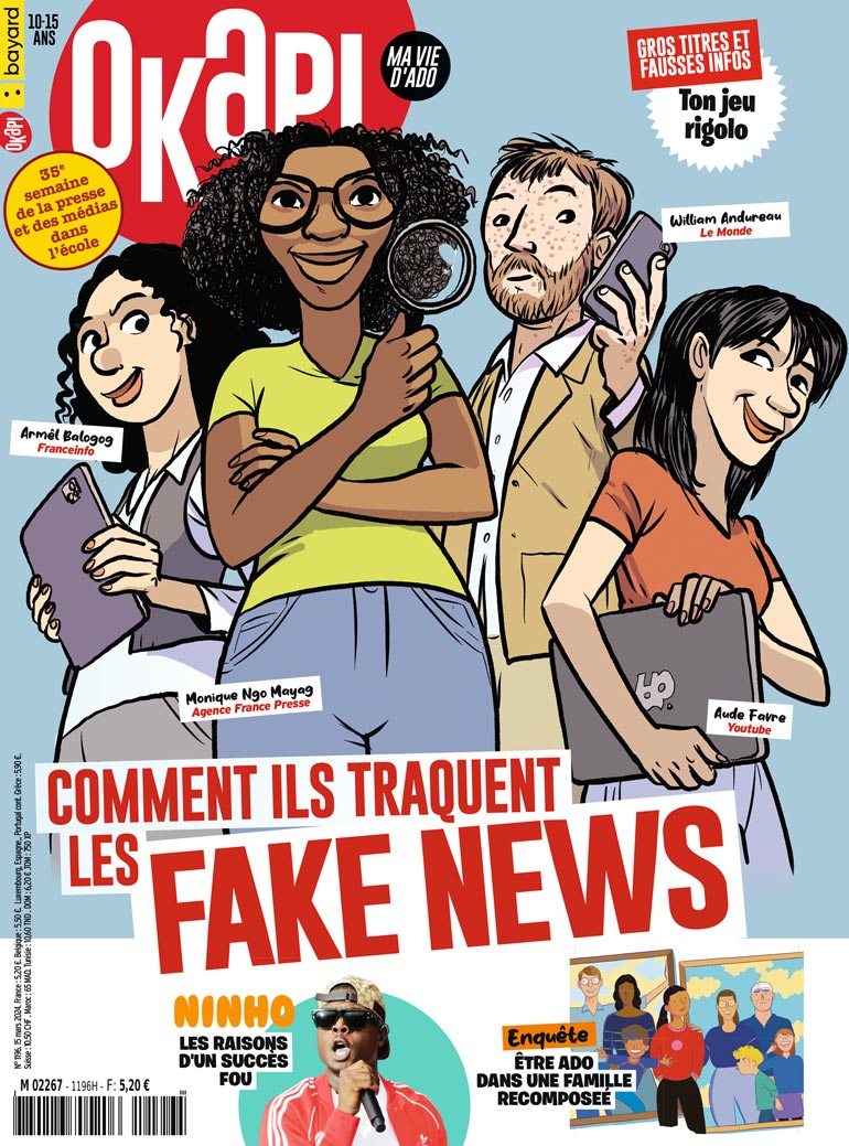 Couverture du magazine Okapi n°1196, 15 mars 2024. Comment ils traquent les fake news