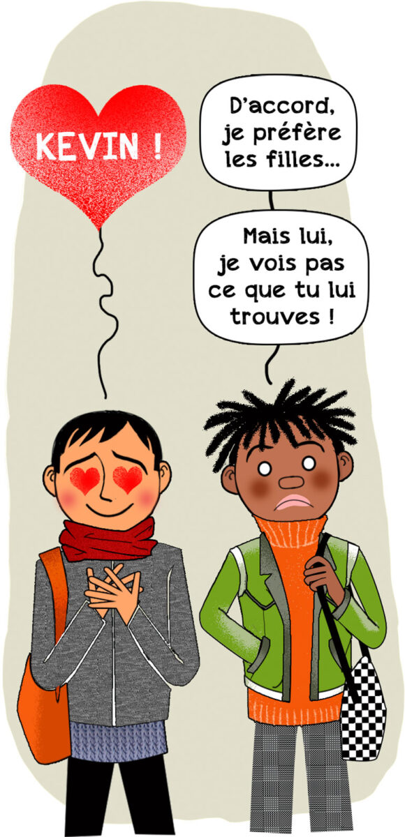 Cela reste très compliqué de parler à ses copains de son homosexualité. C’est quoi, être un garçon ?, article extrait du magazine Okapi n°1195, 1er mars 2024. Illustration : PrincessH.