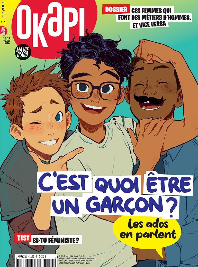 Couverture du magazine Okapi n°1195, 1er mars 2024. C'est quoi, être un garçon ?