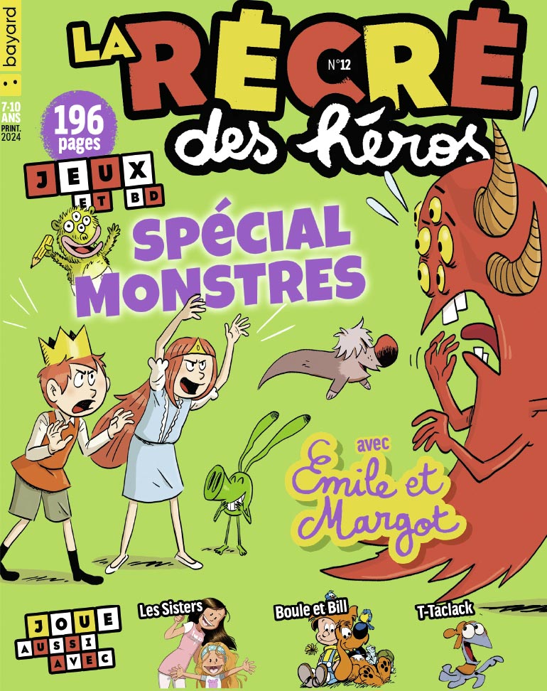 Couverture de La Récré des héros, n°12 - Spécial monstres avec Émile et Margot, Les Sisters, T-Taclack et Boule et Bill.