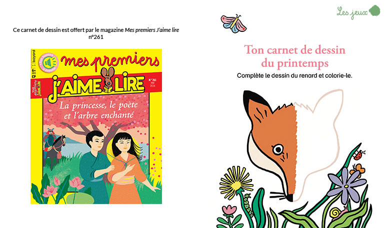 Ton carnet de dessin du printemps + couverture du magazine Mes premiers J'aime lire, n°261, mai 2024. Illustration : Mathilde Bel.