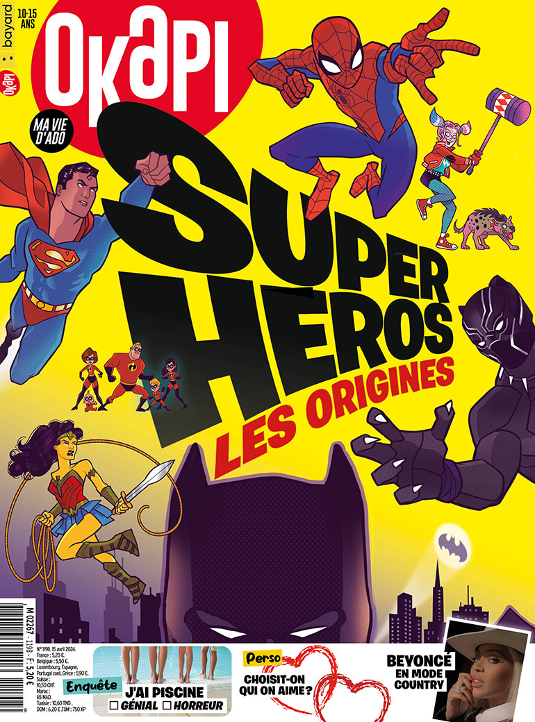 Couverture du magazine Okapi n°1198, 15 avril 2024. Les super-héros, les origines.