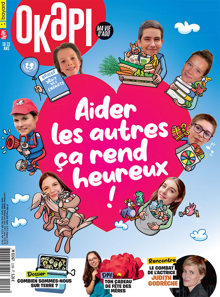 Couverture du magazine Okapi n°1199, 1er mai 2024. Aider les autres, ça rend heureux !