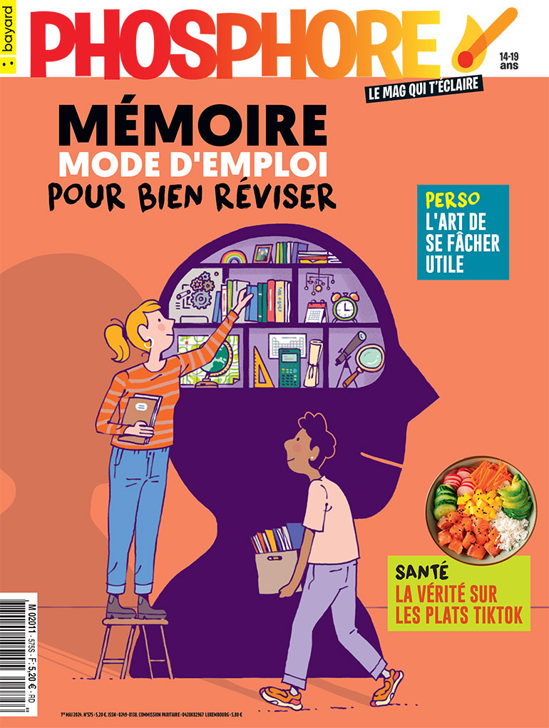 Couverture du magazine Phosphore n°575, 1er mai 2024. Mémoire, mode d'emploi pour bien réviser. L'art de se fâcher utile. La vérité sur les plats TikTok.