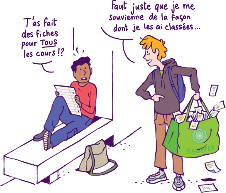 Faire des fiches en recopiant le cours n’est pas une activité qui fait correctement apprendre. Mémoire, le vrai du faux, article extrait du magazine Phosphore n°575, 1er mai 2024. Illustration : Quentin Vijoux.