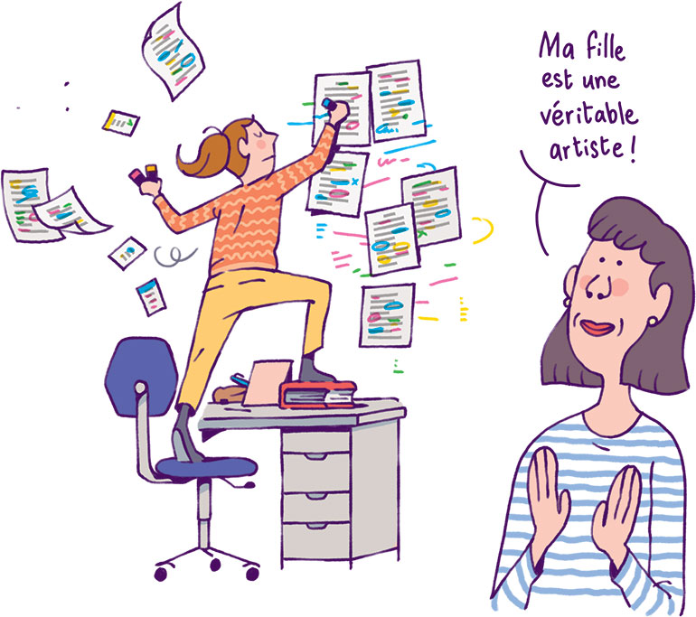 Surligner est une activité trop superficielle pour être efficace. Mémoire, le vrai du faux, article extrait du magazine Phosphore n°575, 1er mai 2024. Illustration : Quentin Vijoux.