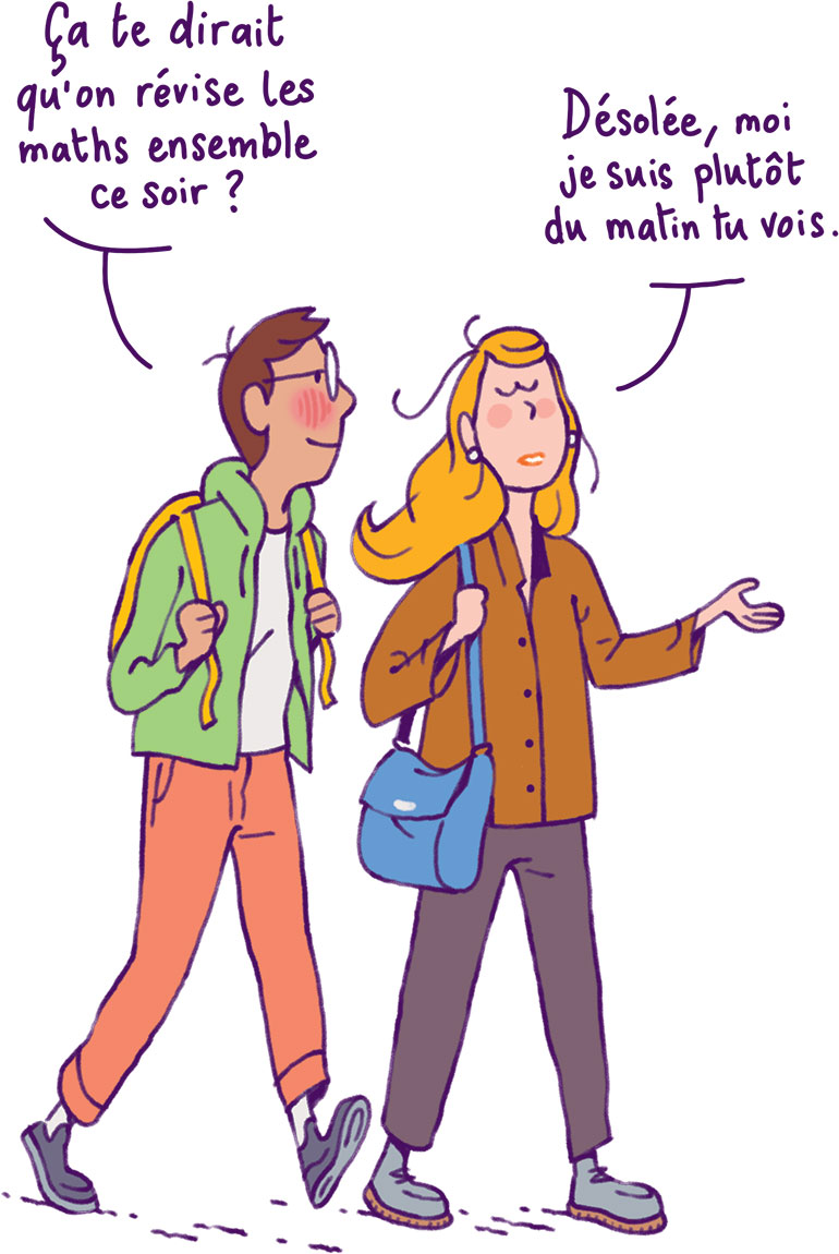 La science a découvert qu’il existe véritablement deux “chronotypes” dans la population : les gens du matin, et ceux du soir ! Mémoire, le vrai du faux, article extrait du magazine Phosphore n°575, 1er mai 2024. Illustration : Quentin Vijoux.