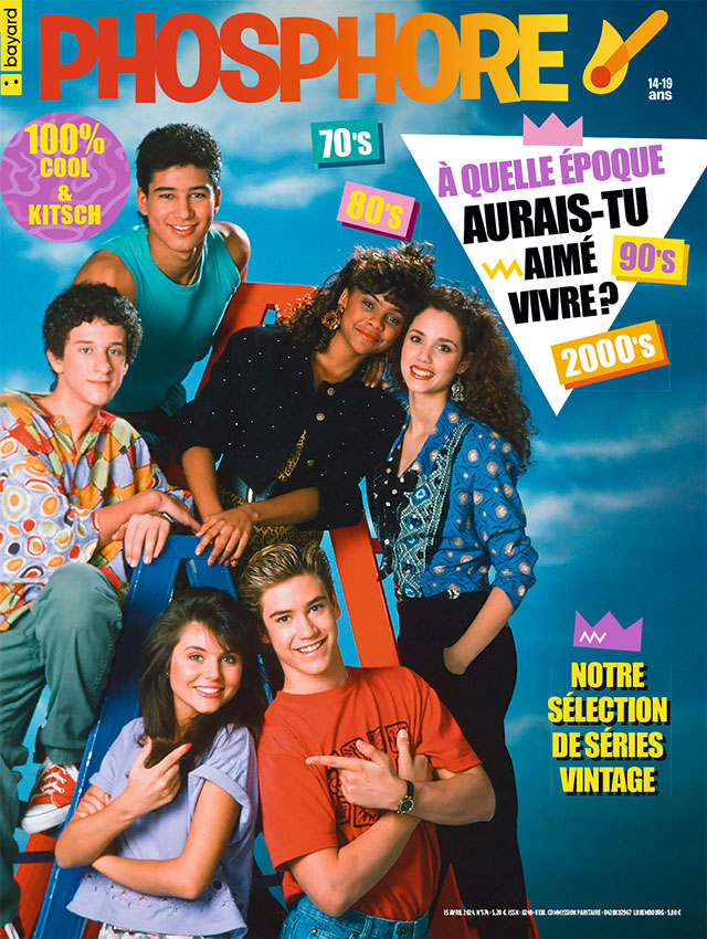 Couverture du magazine Phosphore n°574, 15 avril 2024. 70's, 80's, 90's, 2000's : à quelle époque aurais-tu aimé vivre ? Notre sélection de séries vintage. 